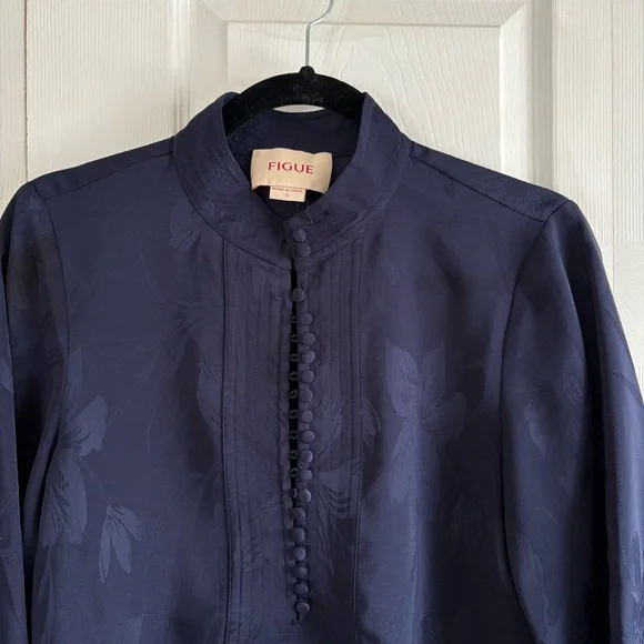 Figue Izzie Floral Jacquard Mini dress Long Sleeve S‎ Festive Preppy Career Blue - Picture 3 of 10